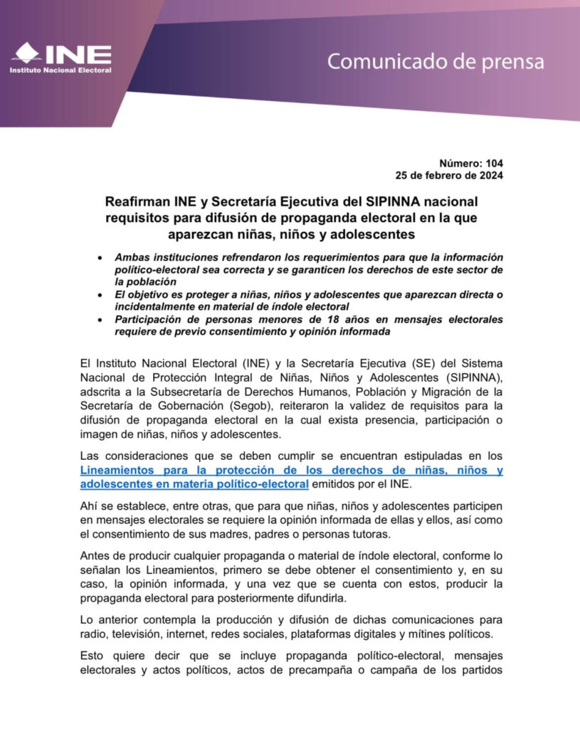 PROHIBIDA PARTICIPACIÓN DE MENORES EN SPOTS QUE INCITEN: INE