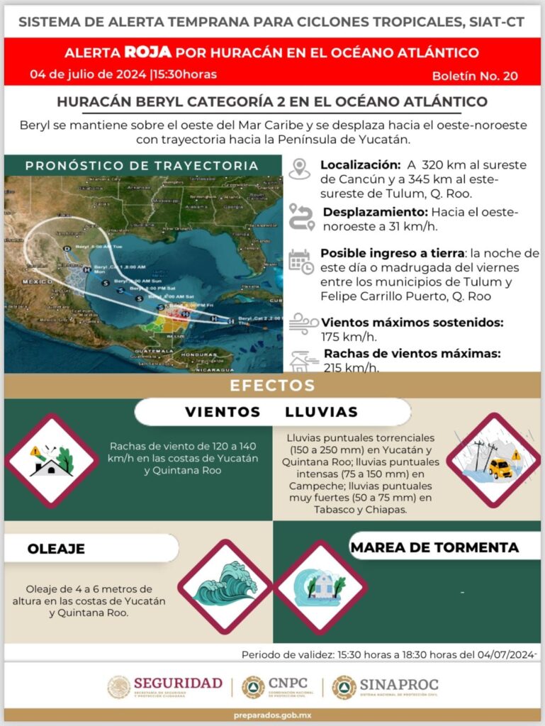 Declaran Alerta Roja del Este y Centro de Quintana Roo, ante cercanía de Huracán Beryl