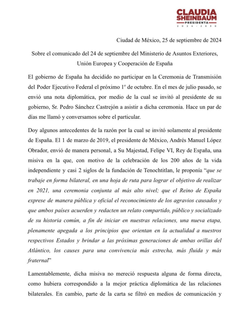 RESPONDE SHEINBAUM AL GOBIERNO ESPAÑOL POR "EXCLUSIÓN" DE FELIPE VI