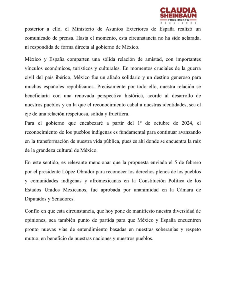 RESPONDE SHEINBAUM AL GOBIERNO ESPAÑOL POR "EXCLUSIÓN" DE FELIPE VI