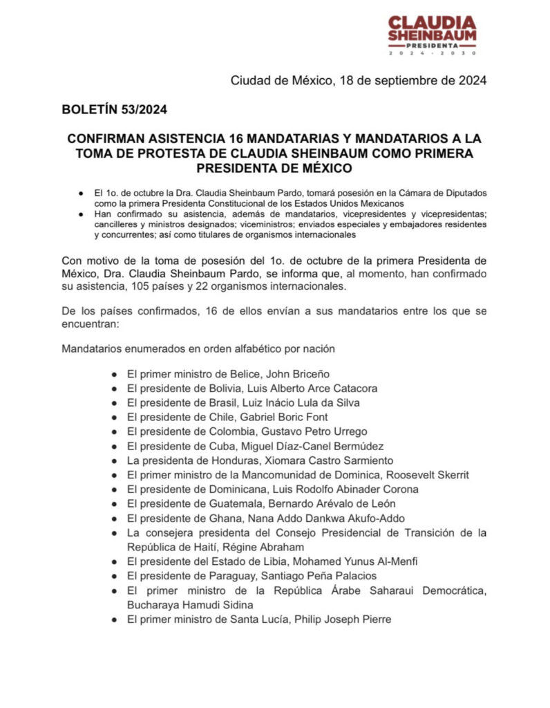 ACUDIRÁN PETRO, DÍAZ-CANEL Y LULA A ASUNCIÓN DE SHEINBAUM