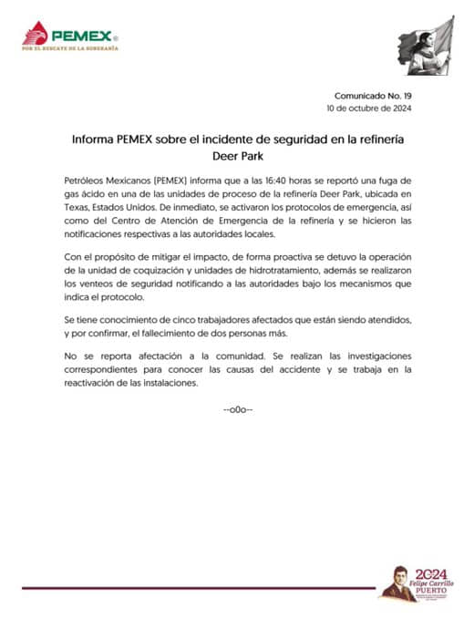 PEMEX CONFIRMA ACCIDENTE EN REFINERÍA DE DEER PARK