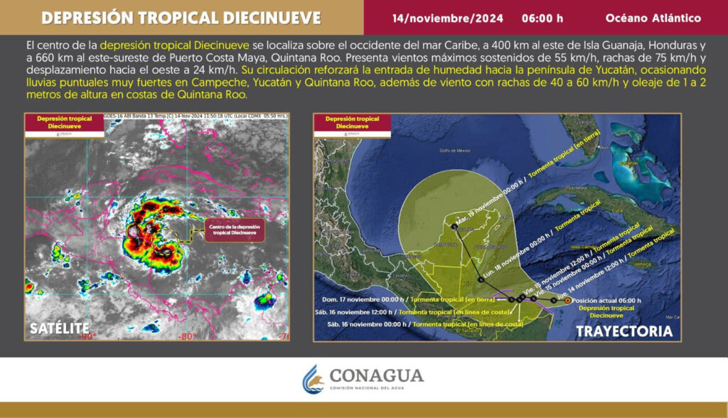 La Depresión Tropical Diecinueve traerá lluvias intensas y fuertes vientos a la península de Yucatán